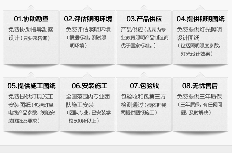 我司提供一站式教育照明解決方案：1、免費協助指導勘察設計（隻要來谘詢）2、免費評估照明環境（根據標準，測試照明（míng）環境）3、產品供應（yīng）（我司為專業教育照明產品製造商，優於國家（jiā）標準。）4、免費提供燈光照（zhào）明設計圖紙（包括（kuò）照明照（zhào）度參數，燈光（guāng）設計效果）5、免費提供燈具施工安裝圖（tú）紙（包括（kuò）燈具/電線（xiàn）產品（pǐn）參數，線路安裝（zhuāng）圖紙及要求（qiú））6、全國範圍內專業團隊施工（gōng）安裝（團隊專業，已安裝學校500所以上）7、包驗收和包第三方檢測通過（須依據（jù）我司提供圖紙施工）8、免費提供三年質保（三年質保，有任何問題，及時解決）